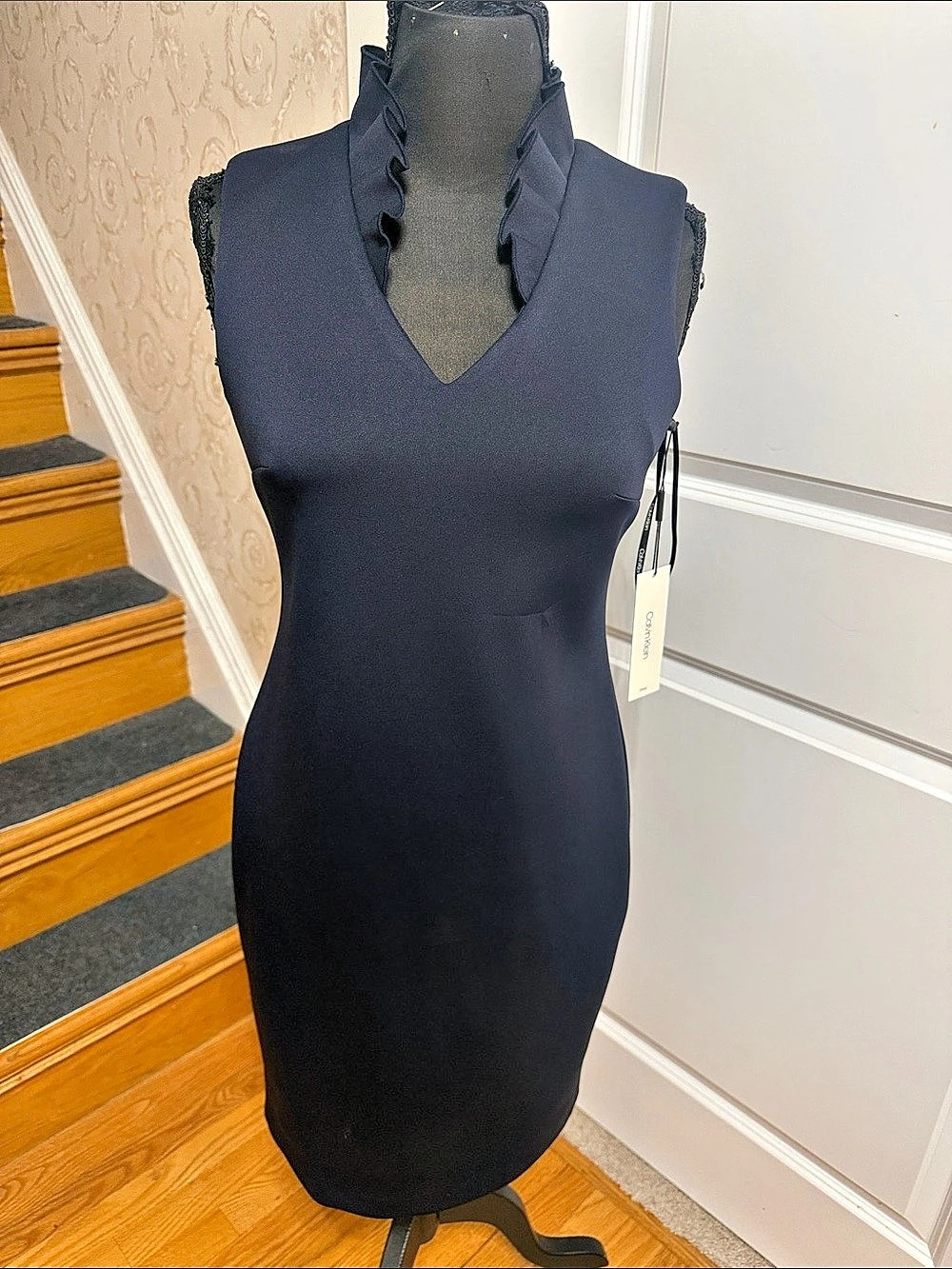 Calvin Klein Ruffle Neck No sleeve Dress in Blue Size 6 NWT